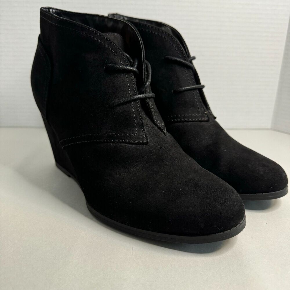 Fergalicious by Fergi Black Lace Up Faux Suede Wedge Heel Booties CUTE